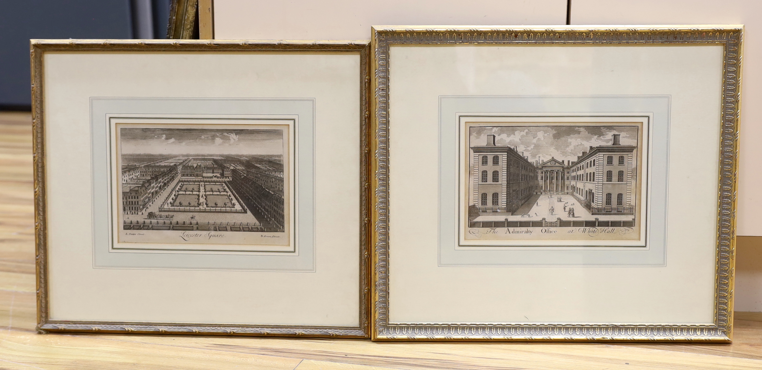 18th century, pair of etchings, ‘ Leicester Square’ & ‘The Admiralty Office at White Hall’, each 18 x 29cm